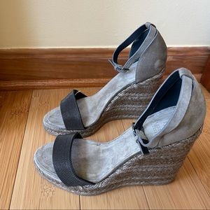 Brunello Cucinelli Monili Grey Suede Wedge Espadrilles Sandals